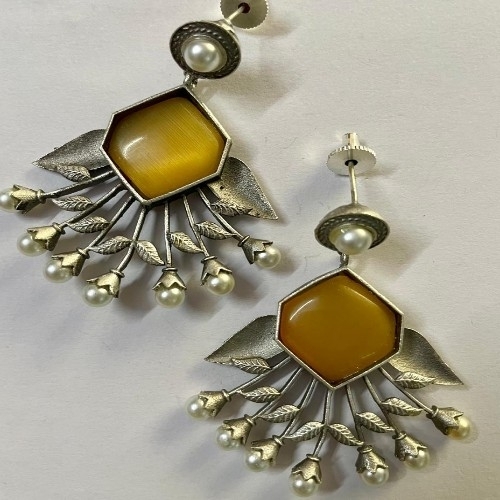 Silver-Plated Oxidised Contemporary Drop yellow Earrings