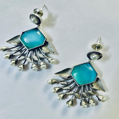 Silver-Plated Oxidised Contemporary Drop Sky Blue Earrings