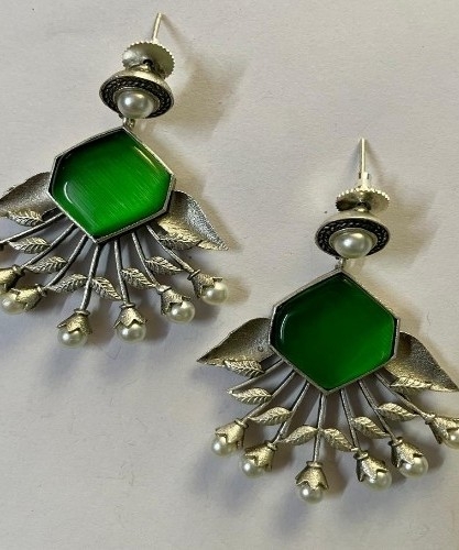 Silver-Plated Oxidised Contemporary Drop Green Earrings