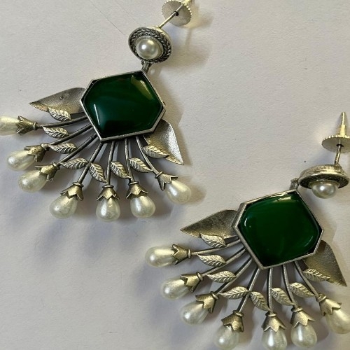 Oxidised Contemporary Drop Dark Green Earrings