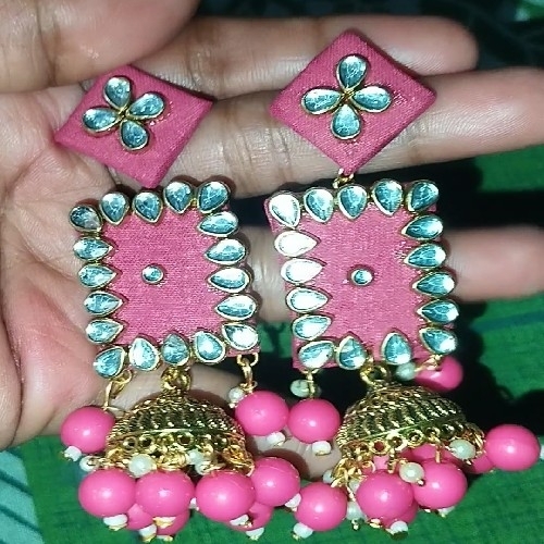 Fabric Kundan Earrings