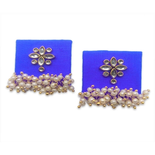 Royal Blue Kundan & Pearl Fabric Earrings